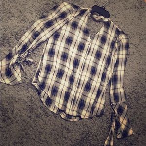 Black and white Plaid V neck button down blouse